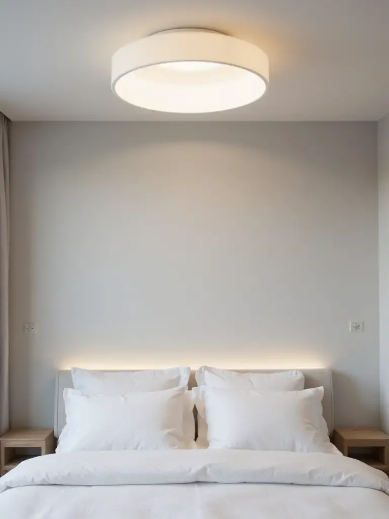 Modern bedroom with a white flush mount ceiling light.