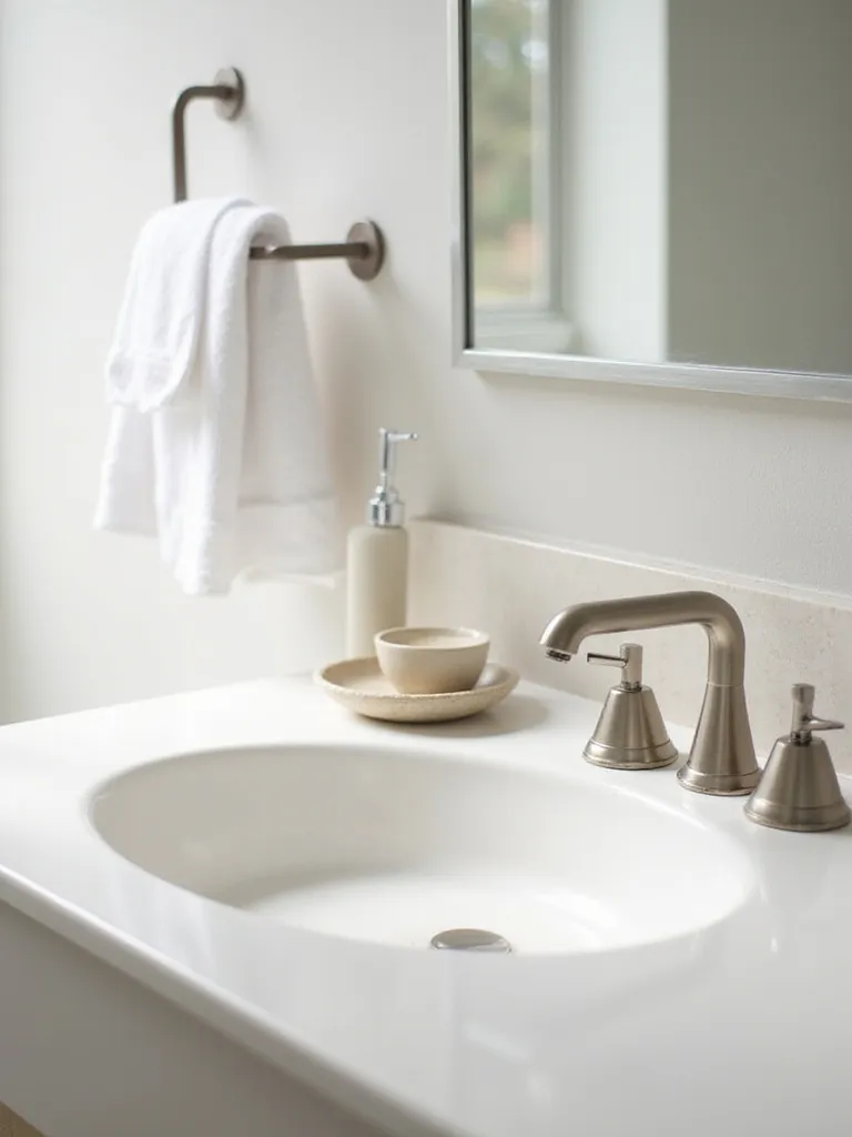 Minimalist bathroom sink area featuring a high-quality brushed nickel faucet, ceramic soap dispenser, and plush white towel, illustrating durable and functional decor.