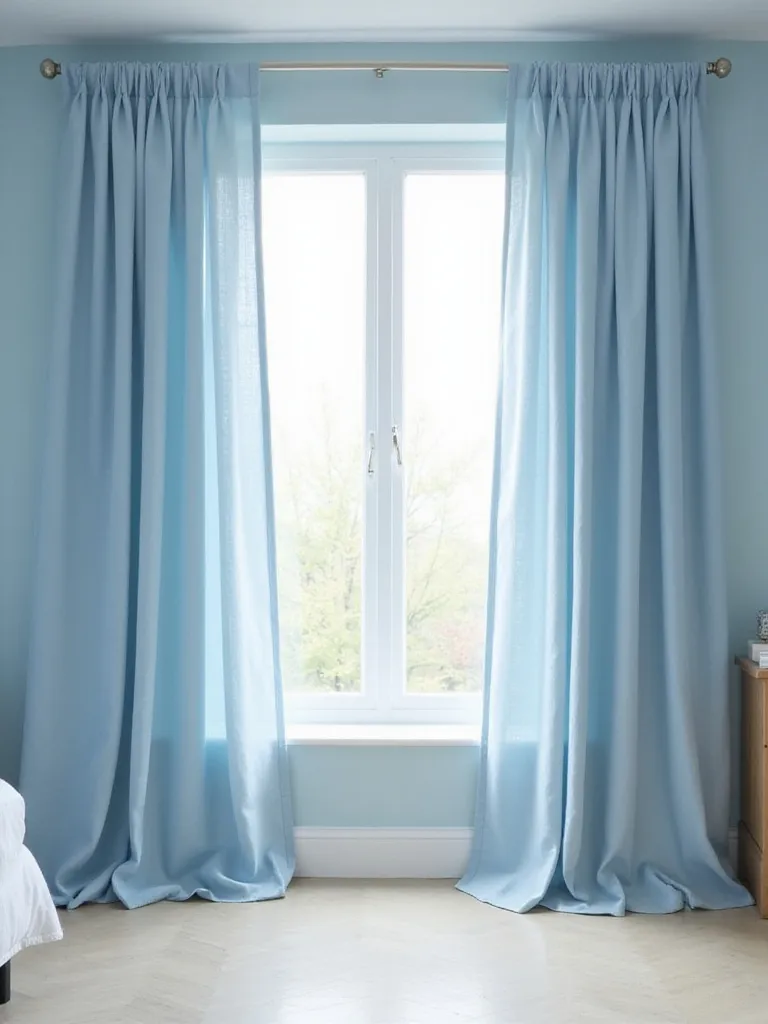 Light blue linen curtains framing a bedroom window, creating a soft and airy ambiance.