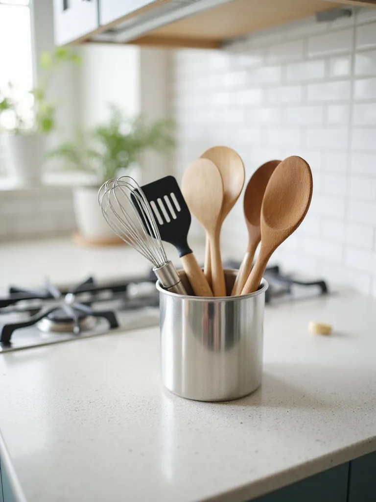 Utensil holder on a kitchen countertop with cooking utensils.