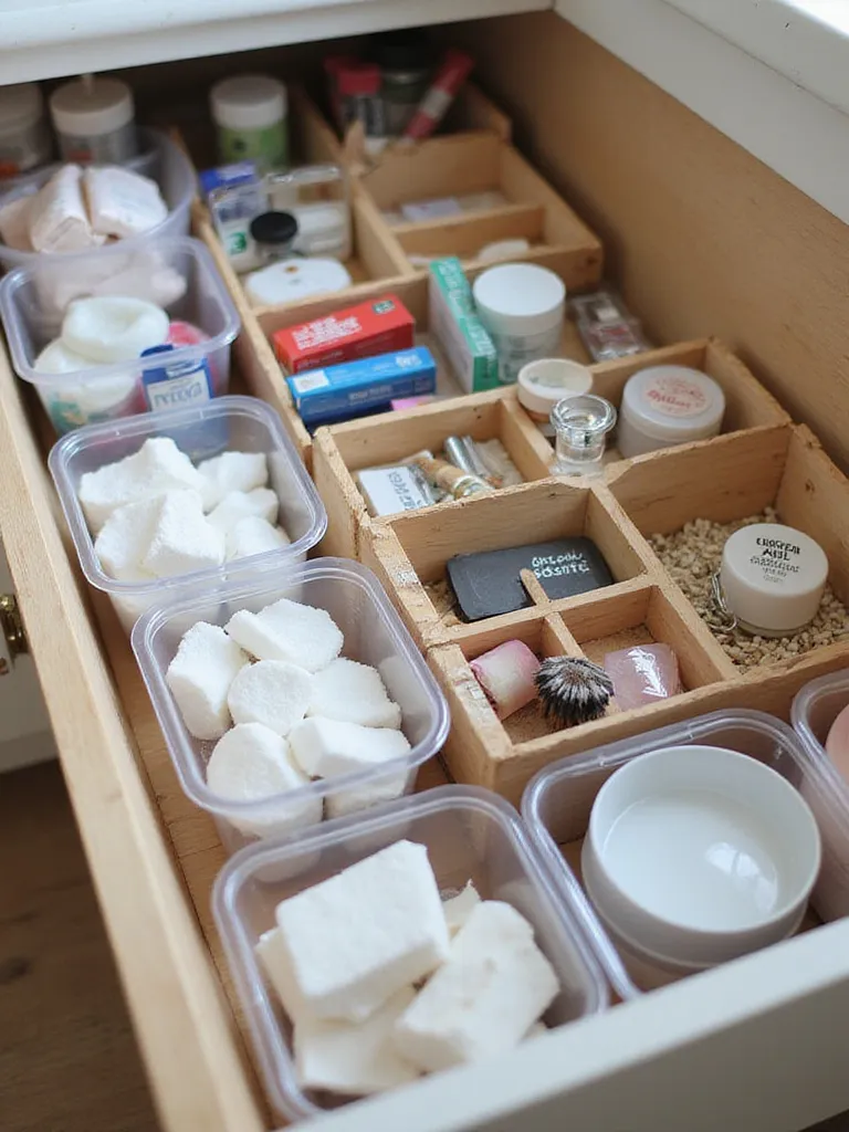 View inside a well-organized bathroom drawer or cabinet showing various toiletries and items neatly stored in clear bins and dividers, demonstrating the concept of giving every item a designated home for efficient bathroom organization.
