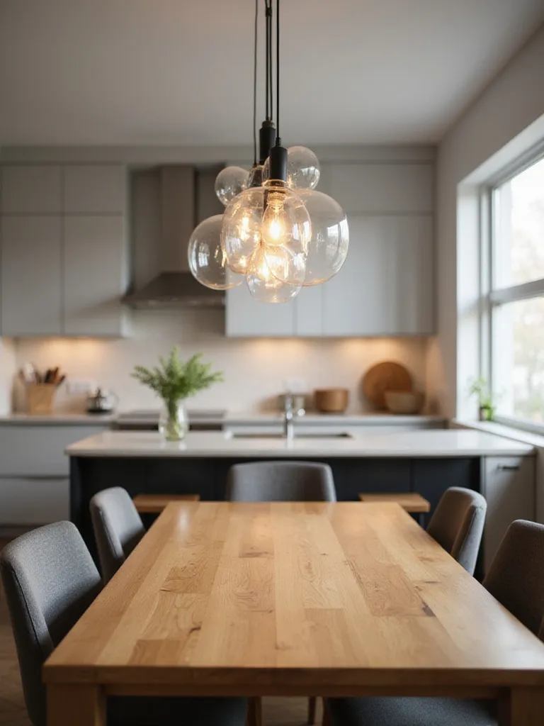 Clear glass globe pendant lights hanging over a modern wooden kitchen table, diffusing soft light beautifully.