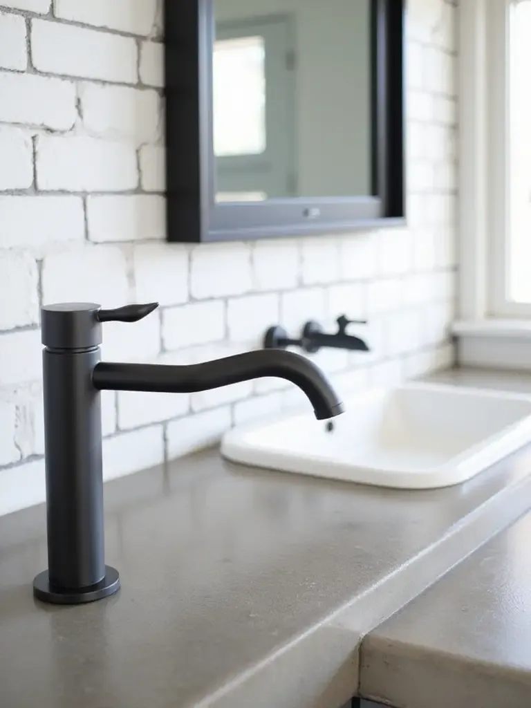 Industrial bathroom with matte black metal faucet and concrete countertop.