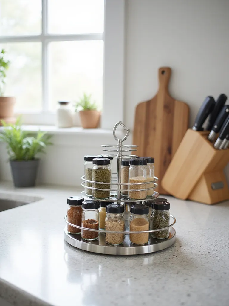 Tiered countertop organizer holding spice jars in a small kitchen