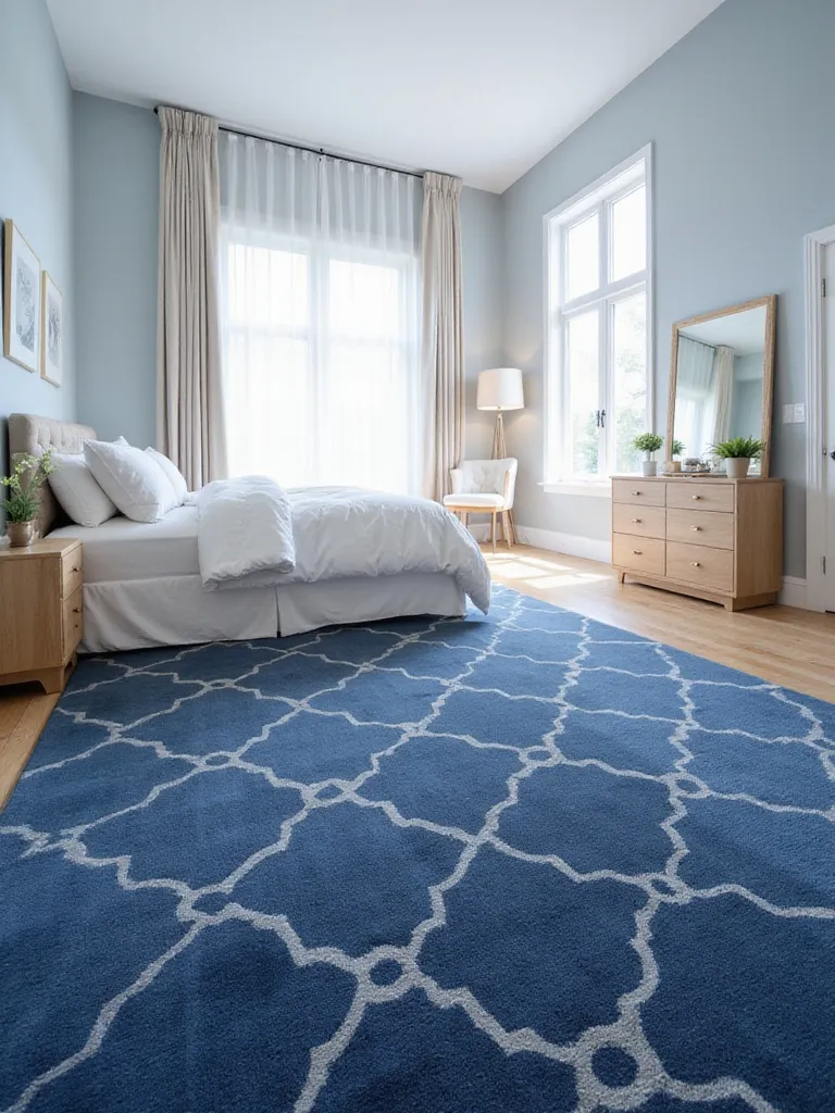 Deep blue area rug with subtle geometric pattern in a light blue bedroom