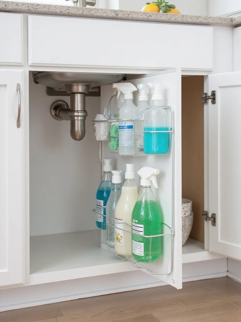 Under-sink cabinet door organizer with cleaning supplies