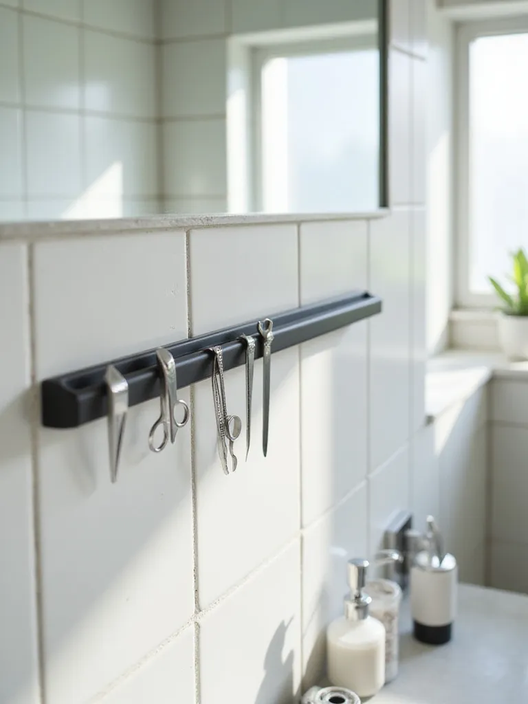 A dark magnetic strip mounted on a tiled bathroom wall, neatly holding small metal grooming tools like tweezers and nail clippers for clutter-free organization.
