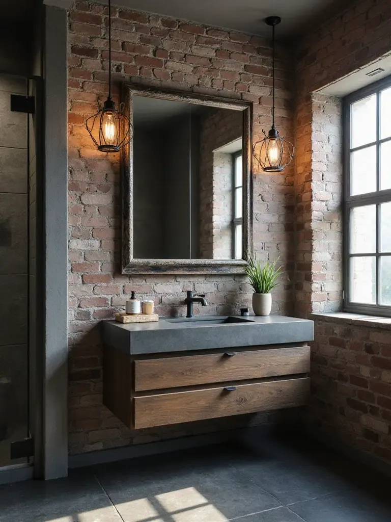 Industrial bathroom with concrete vanity and factory-inspired iron framed mirror.