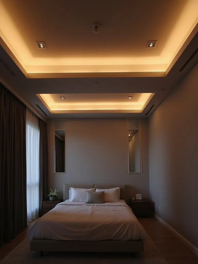 Modern bedroom with tray ceiling highlighted by warm LED uplighting.