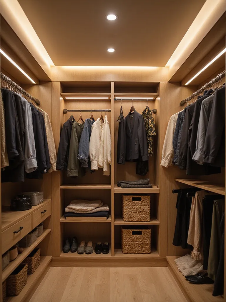 Well-lit modern walk-in closet with LED strip lights and puck lights illuminating clothing and shelves.