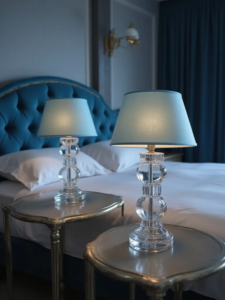 Bedroom with blue velvet headboard and crystal lamps with blue shades