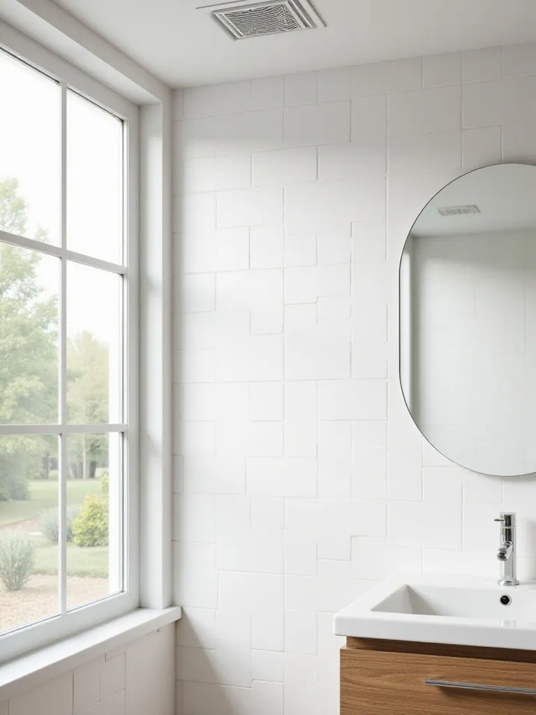A bright and fresh minimalist bathroom with a large window slightly open, suggesting good ventilation and a clean, simple space.