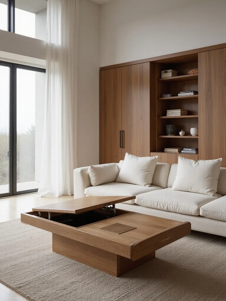 Minimalist living room with hidden storage solutions including a lift-top coffee table and built-in shelving with concealed doors.