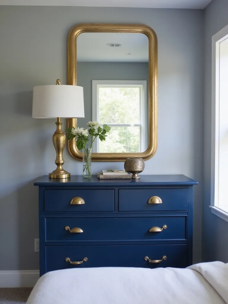 Navy blue dresser with brushed gold hardware and a gold-framed mirror in a blue bedroom.