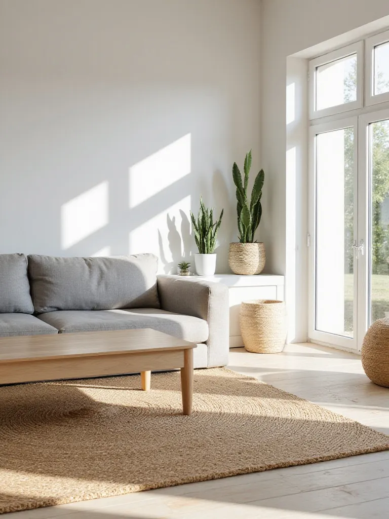 Minimalistic living room with natural wood, jute rug, and linen sofa.