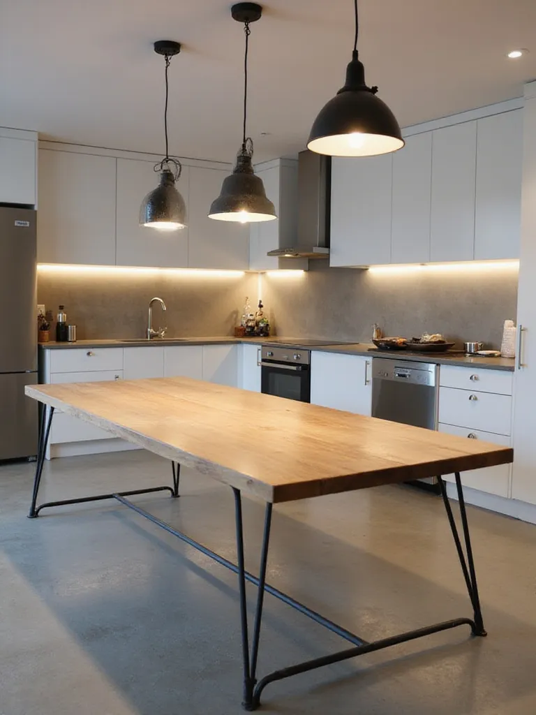 Modern kitchen with a wooden table illuminated by three black industrial pendant lights hanging above.