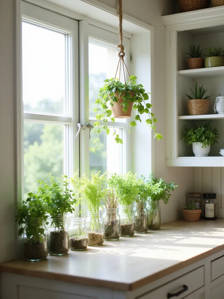 Kitchen decor featuring a windowsill herb garden and hanging plants for a fresh and vibrant look.