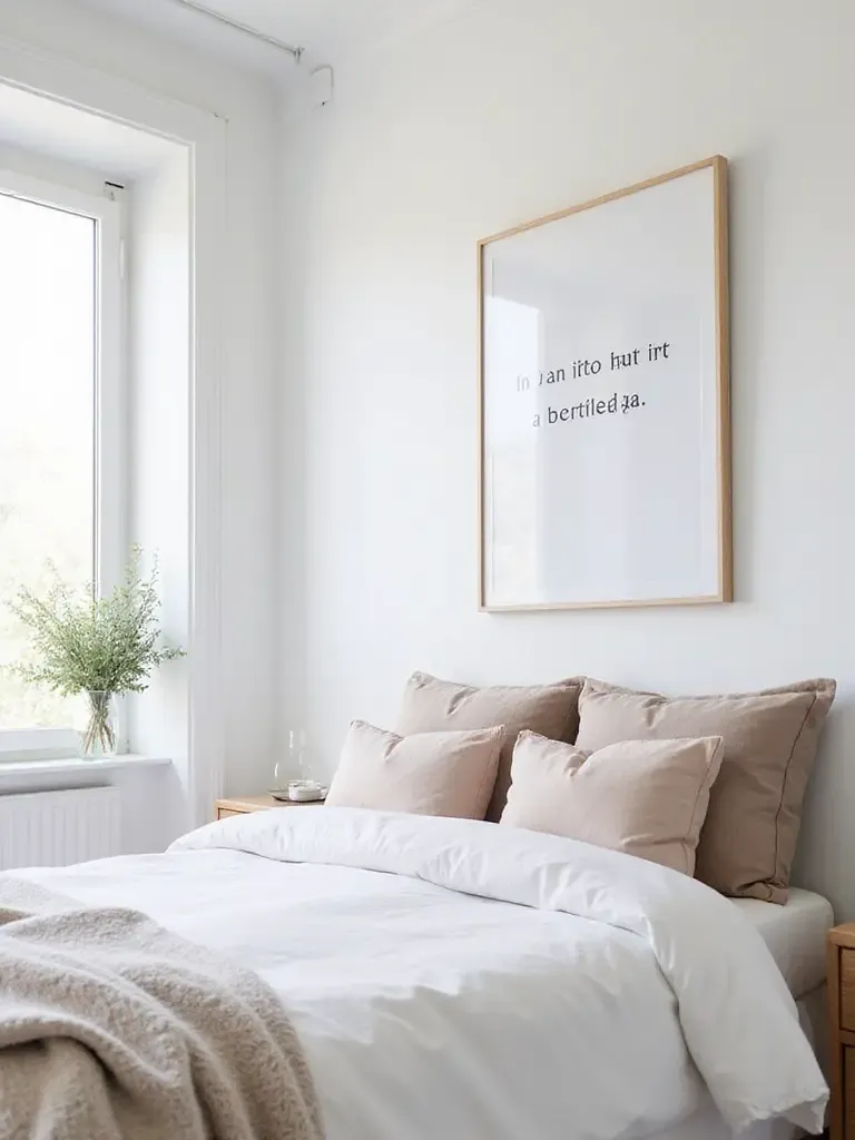 Modern bedroom with inspirational typography art above the bed