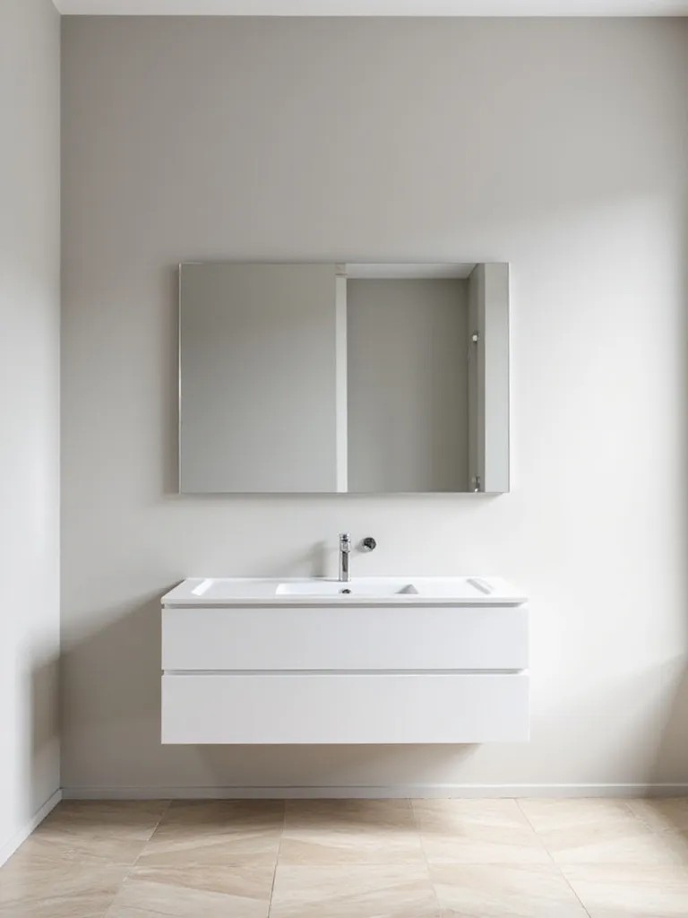 Large rectangular unframed mirror mounted above a floating vanity in a bright, minimalist bathroom.