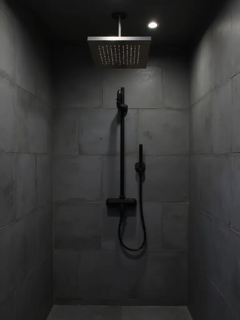 Industrial bathroom with brushed nickel rain showerhead and exposed plumbing.