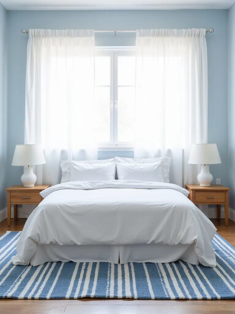 Blue and white striped rug under a bed in a coastal-themed bedroom