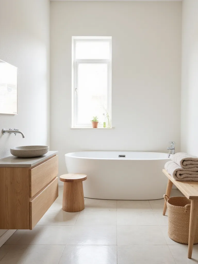 Minimalist bathroom featuring natural materials like a wooden vanity, stone sink, and bamboo stool, creating a warm and serene atmosphere.