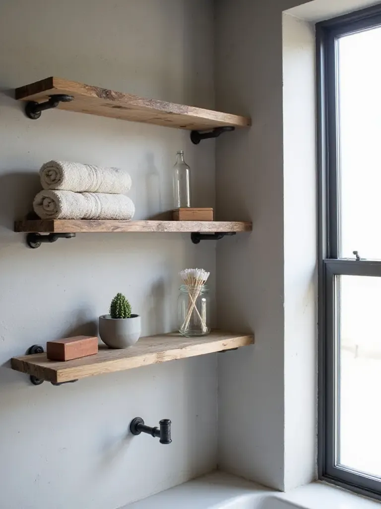 Raw wood shelves with black metal pipe brackets in an industrial bathroom.