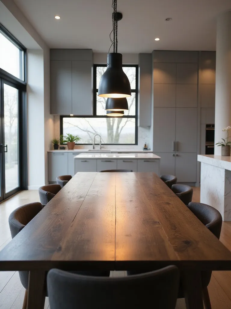 Three black pendant lights hang above a long dark wood kitchen dining table, casting warm light.