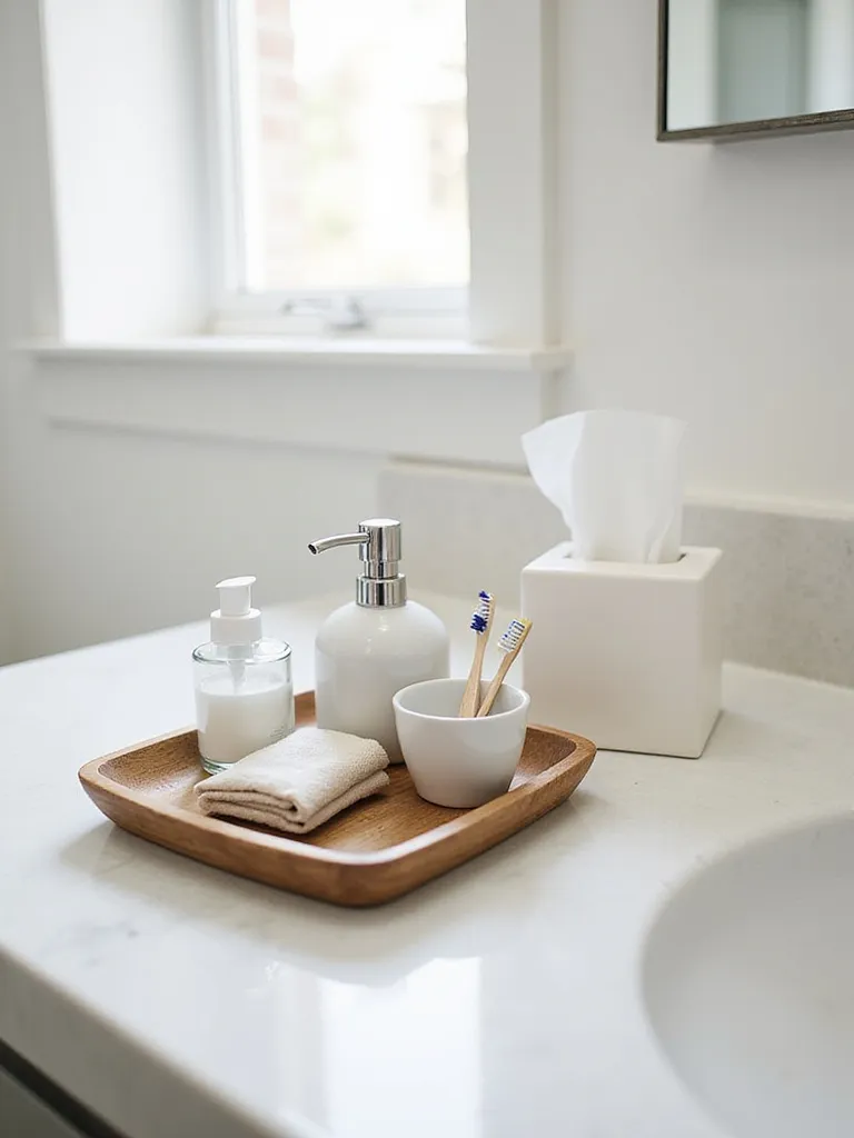 Modern bathroom counter with a wooden tray holding neatly organized daily essentials like toothbrushes, soap, and lotion.