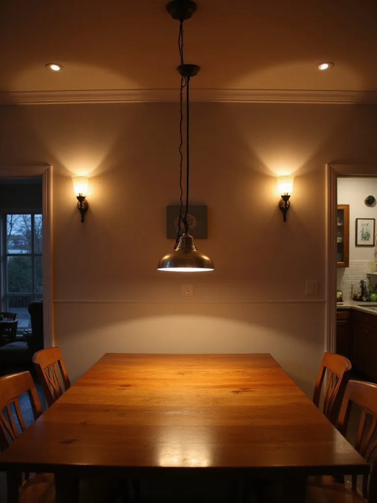 View of a kitchen dining area showcasing layered lighting with pendant lights over a table, decorative wall sconces, and ambient recessed ceiling lights creating a warm and inviting atmosphere.