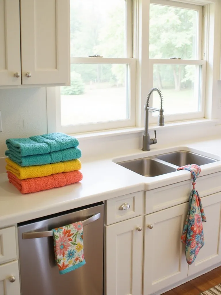 Colorful kitchen textiles add personality to a budget-friendly kitchen decor