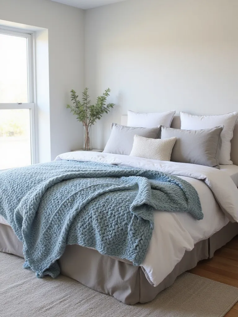 Blue chunky knit throw blanket layered on a bed for added texture and warmth.