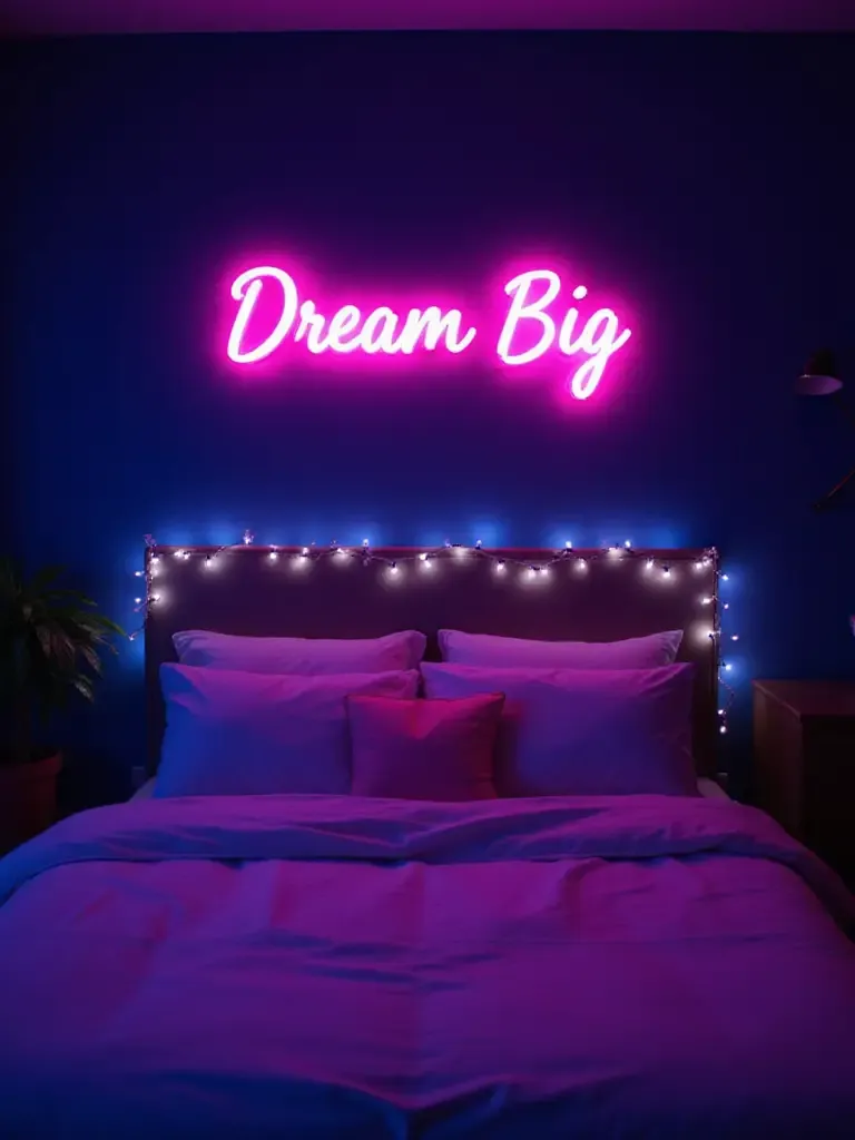 Bedroom with a pink neon sign that says 'Dream Big' above the bed