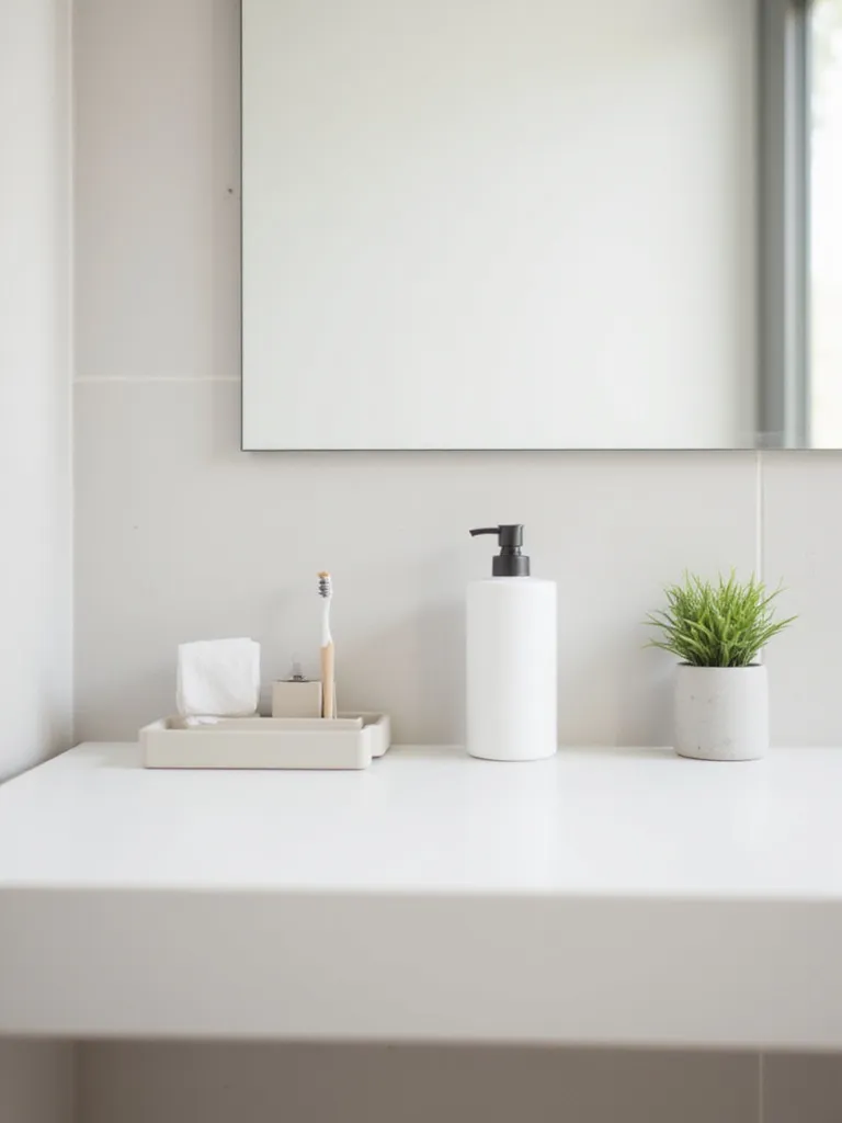 Clean, minimalist bathroom counter with only a few essential items like a soap dispenser and toothbrush holder, emphasizing simplicity.