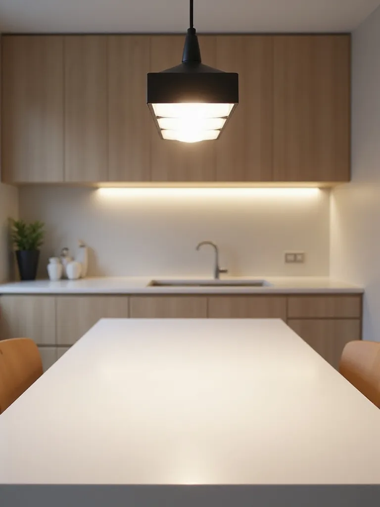 Sleek black linear suspension light hanging over a modern rectangular white kitchen table in a kitchen with light wood cabinetry.