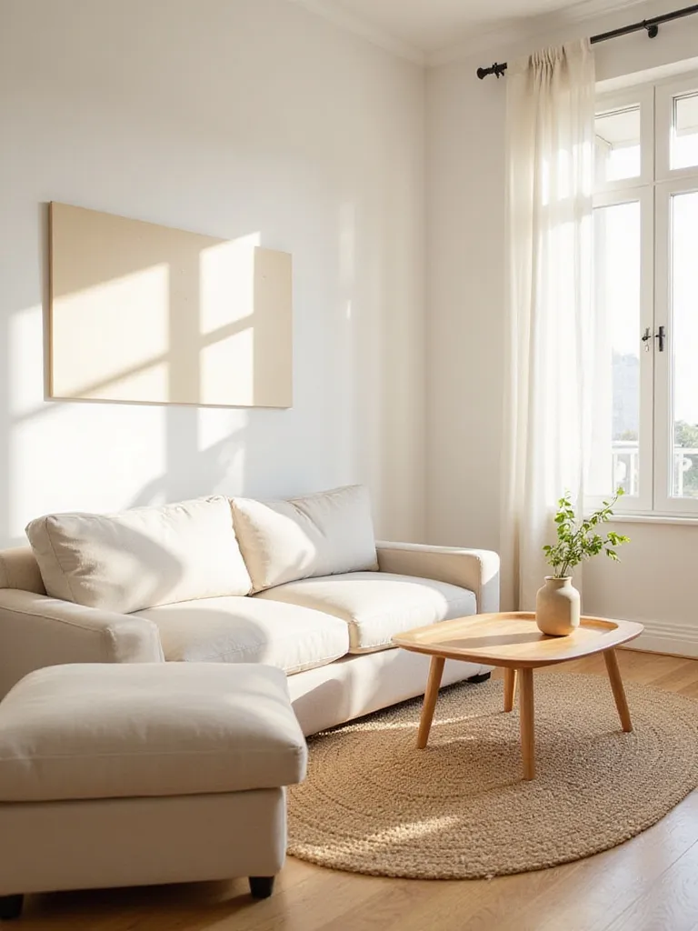 Minimalist living room with clear surfaces and natural light