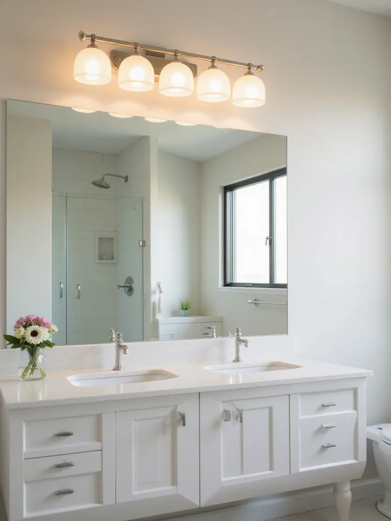 Clean and bright over-mirror bathroom lighting illuminating a modern bathroom vanity.