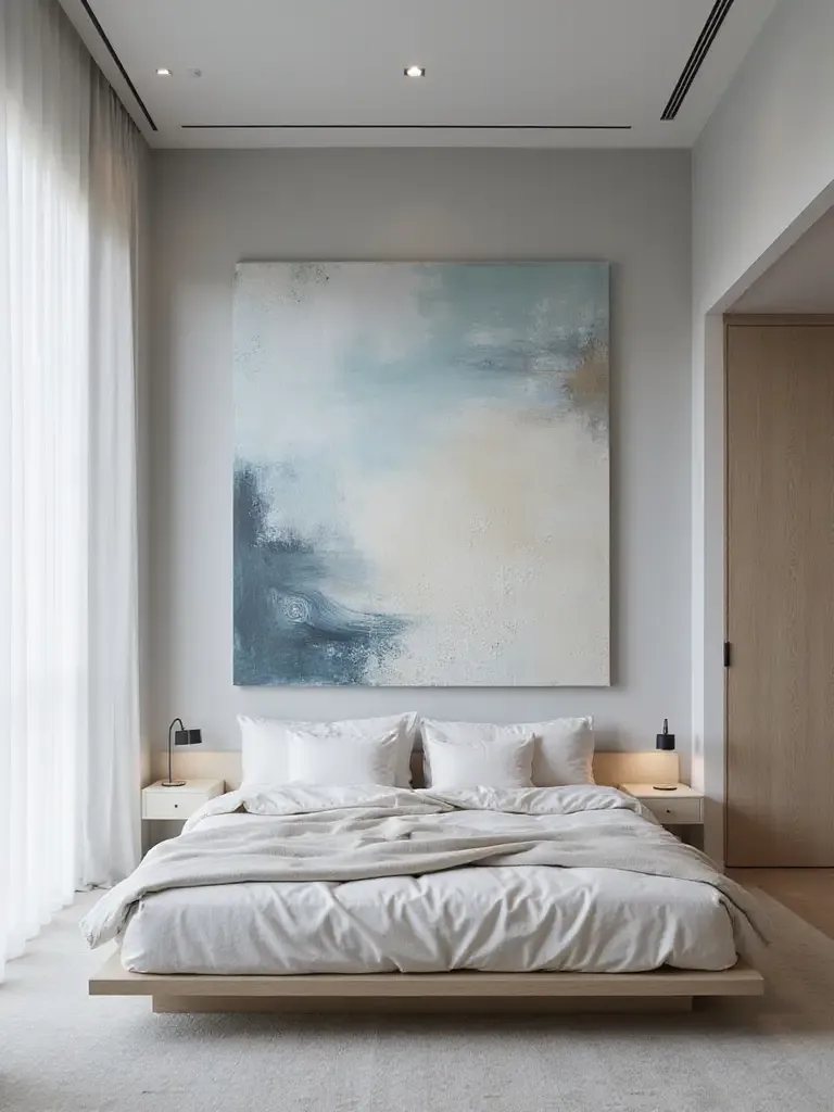 Oversized abstract art above bed in modern minimalist bedroom