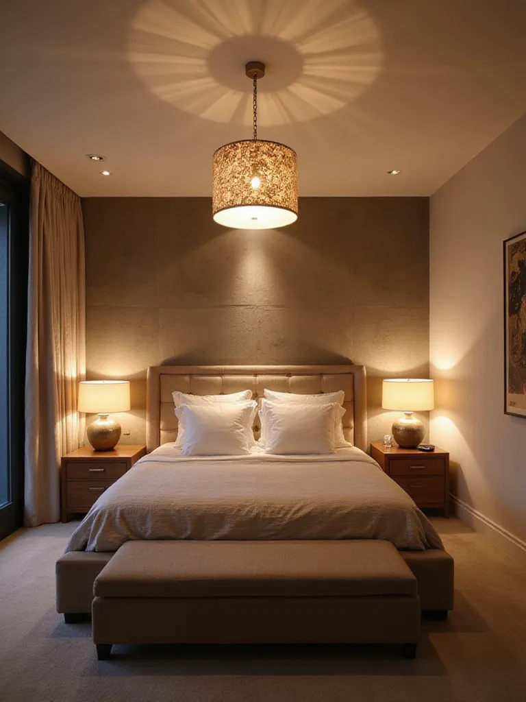 Bedroom with layered lighting including ambient, task, and accent lights for a balanced and inviting atmosphere.