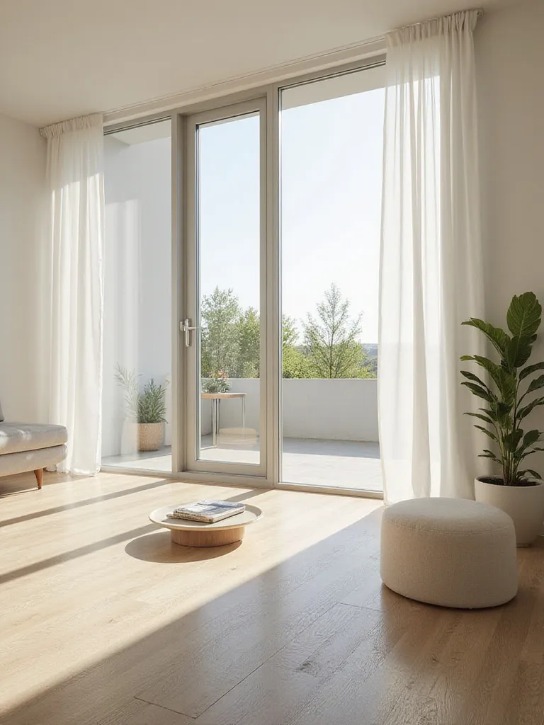 Minimalistic living room filled with natural light from unobstructed windows.