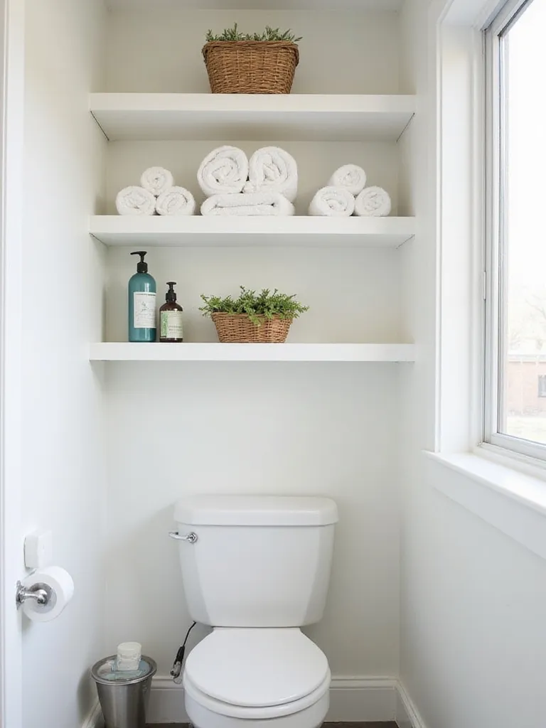 Modern bathroom showcasing various vertical shelving solutions, including shelves above the toilet and wall-mounted units, neatly storing towels and toiletries to maximize space.