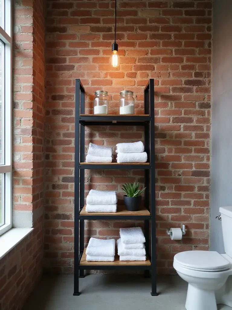 Metal shelving unit in industrial bathroom for vertical storage