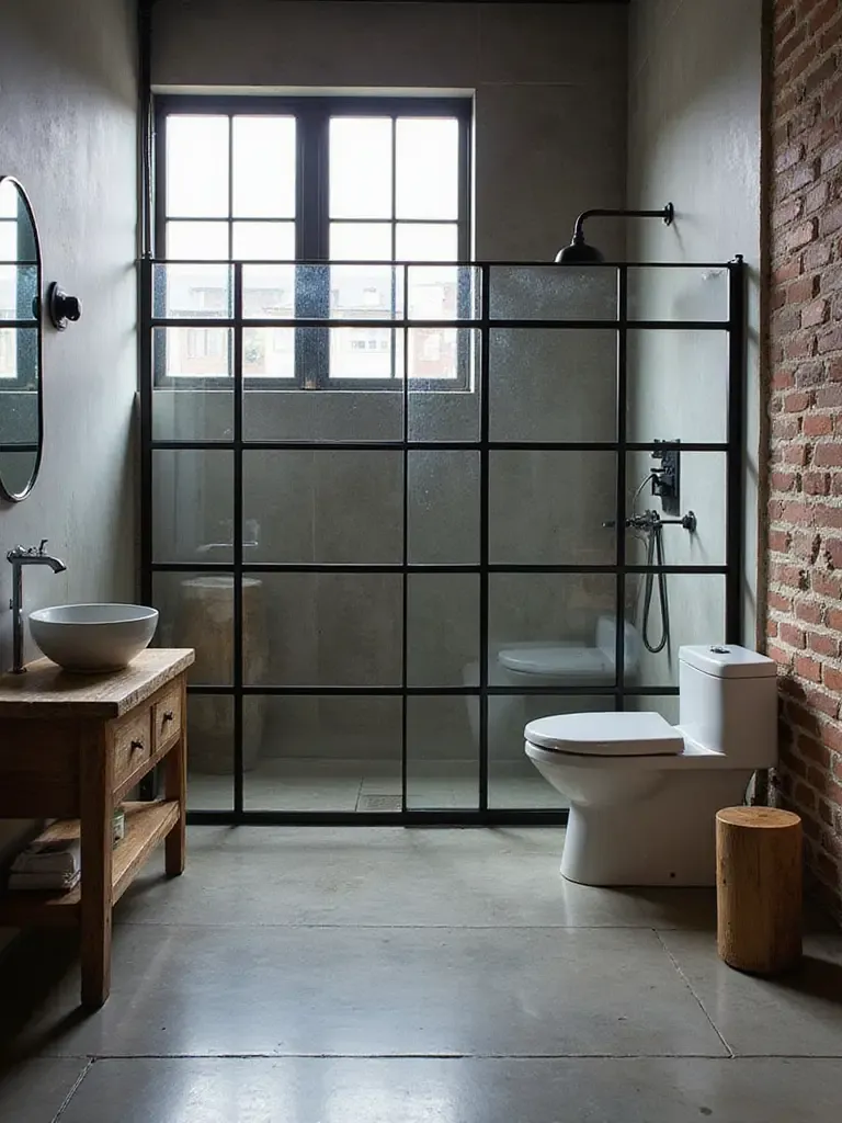 Industrial bathroom with black metal-framed glass shower enclosure
