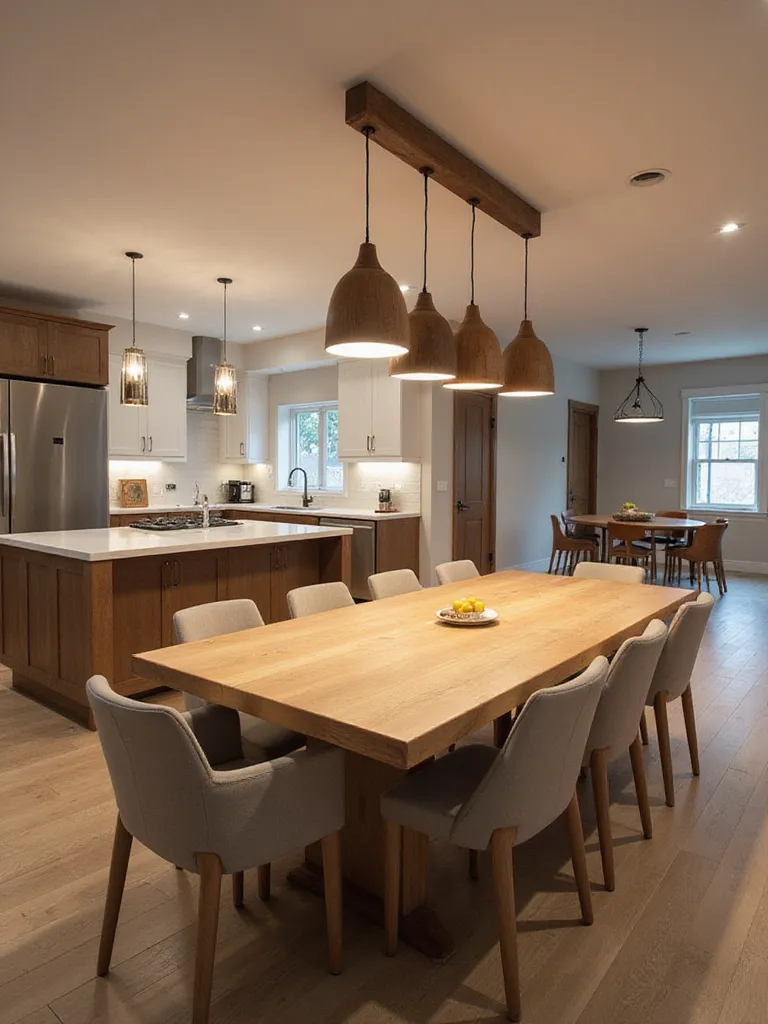 Stylish kitchen dining area with a natural wood pendant light fixture hanging over a table, showcasing warmth and texture.