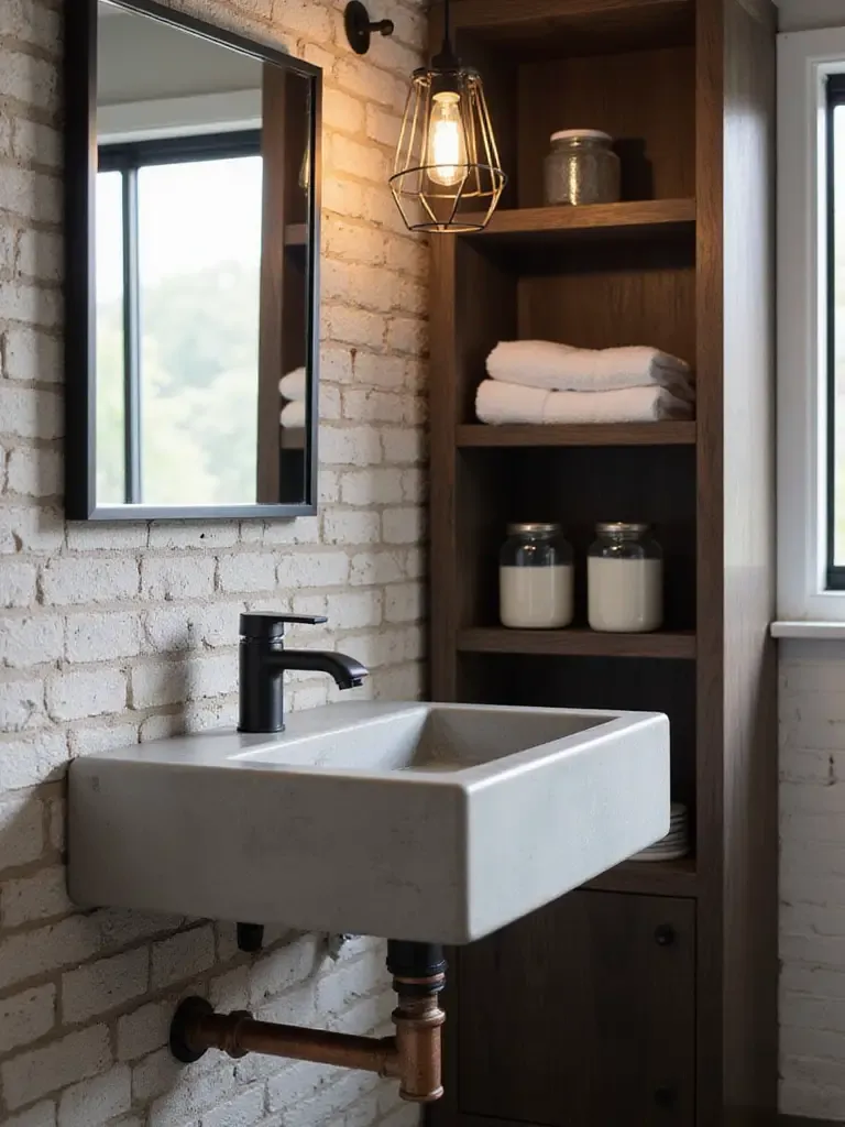 Industrial bathroom with minimalist concrete sink and exposed plumbing.