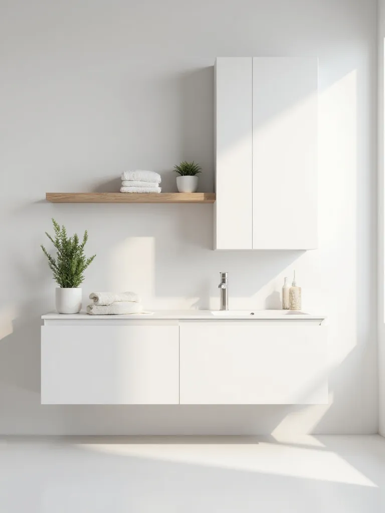 Minimalist bathroom with light wood floating shelf holding towels and plant, and a white wall-mounted cabinet, demonstrating efficient use of vertical space.