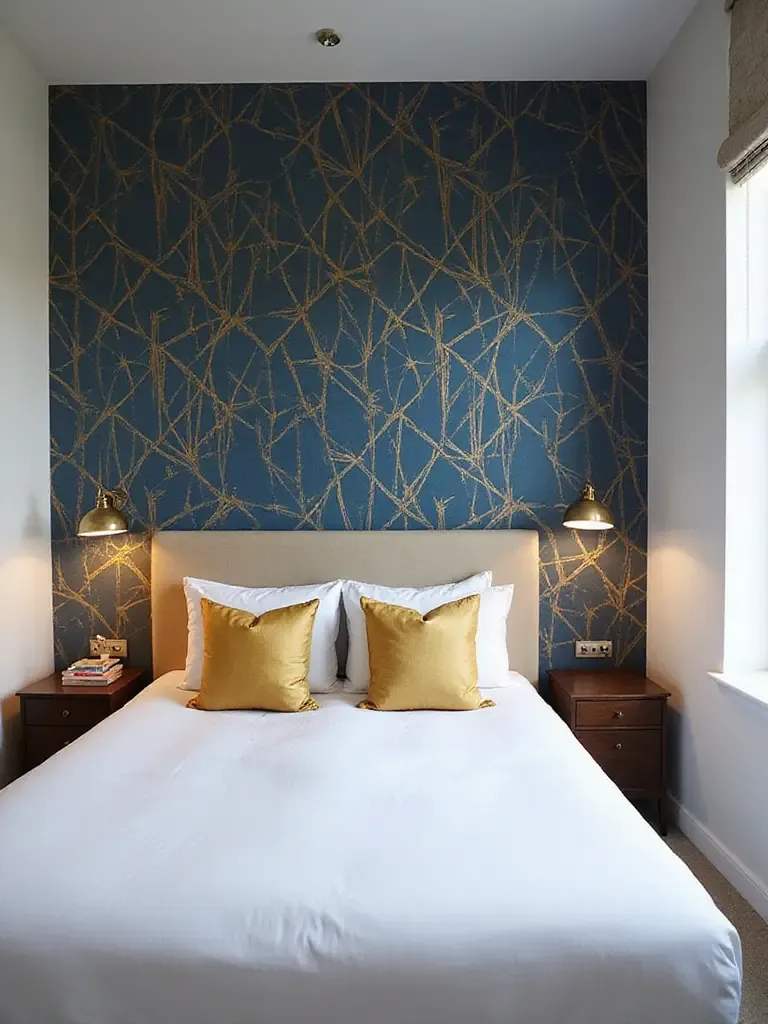 Modern bedroom with a bold geometric wallpaper feature wall in blue and gold.