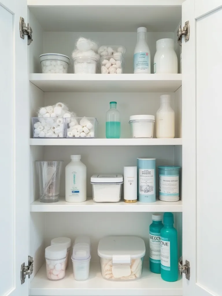 Interior of an organized bathroom medicine cabinet showing shelves neatly arranged with toiletries and first aid supplies using clear storage bins.