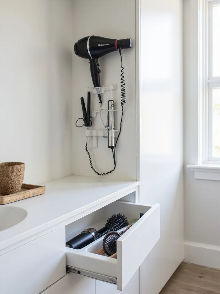 Organized hair styling tools in a modern bathroom, showing a wall-mounted holder for a hair dryer and curling iron, and a drawer insert organizing a straightener and brushes.
