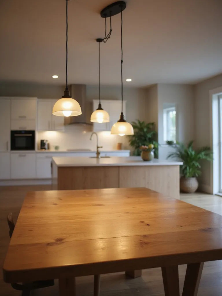 Three modern pendant lights hanging over a wooden kitchen table, providing warm, focused illumination.